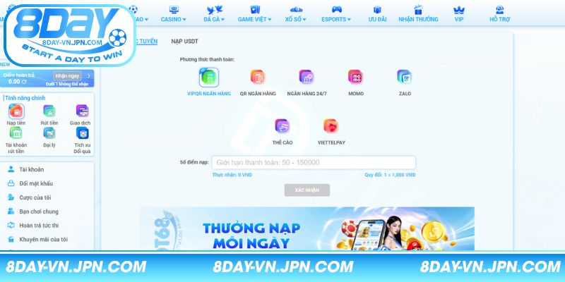 Bấm vào phương thức nạp tiền 8DAY hợp lệ